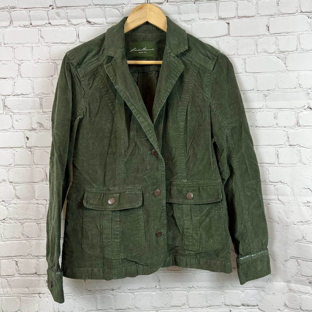 Eddie Bauer Olive Green Corduroy Utility Jacket Medium Button Up Front Pockets